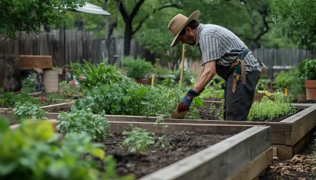 A Texas gardener maintaining raised garden beds by mulching and setting up drip irrigation, essential tasks for seasonal garden care in Texas.