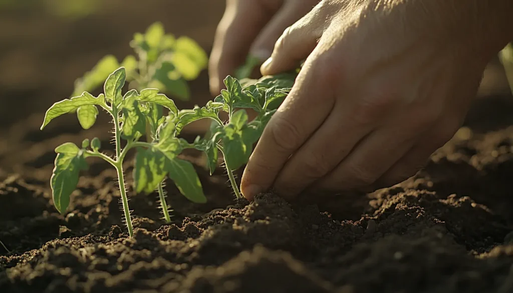 A Texas gardener planting tomato seedlings in the garden during spring under a clear sky.