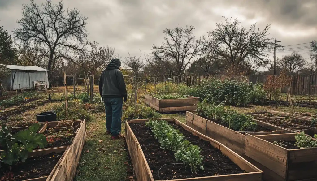 A Texas gardener prepares raised garden beds for the winter season, setting the stage for early spring planting in Texas.