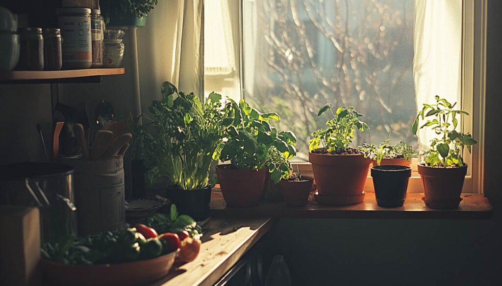  Cozy indoor vegetable garden setup with potted plants near a windowsill during winter.
