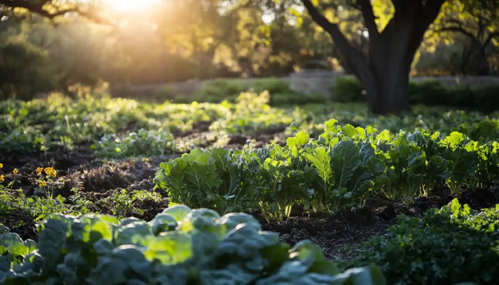 A fall garden in Texas with rows of leafy greens like spinach and kale growing in raised beds.