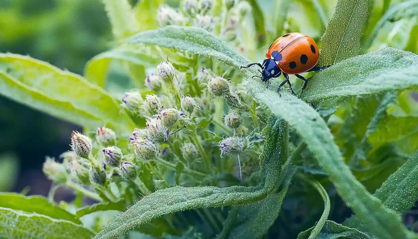 A vibrant organic garden with healthy vegetables, blooming flowers, and lush greenery.