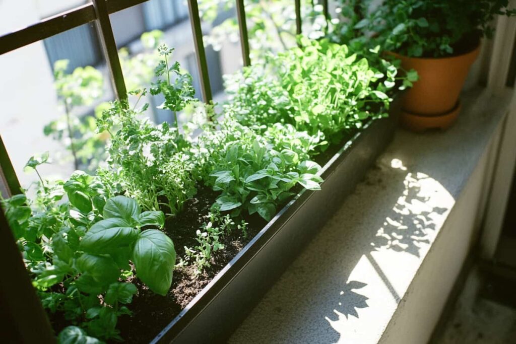 Freshly watered basil, mint, and parsley growing in a small kitchen herb garden bathed in morning sunlight.