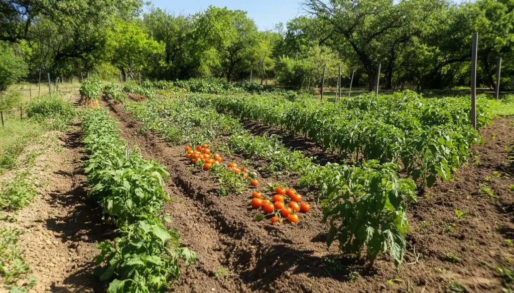 A lush Central Texas spring garden with rows of tomatoes and peppers thriving under the afternoon sun, perfect for March planting.