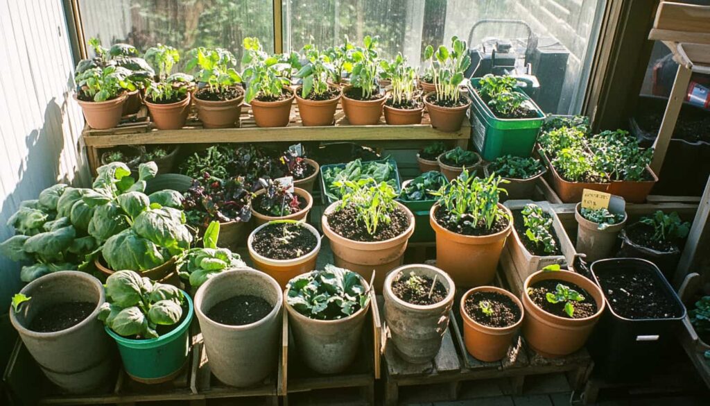 A selection of pots and containers with thriving plants, perfectly organized for indoor winter vegetable gardening.