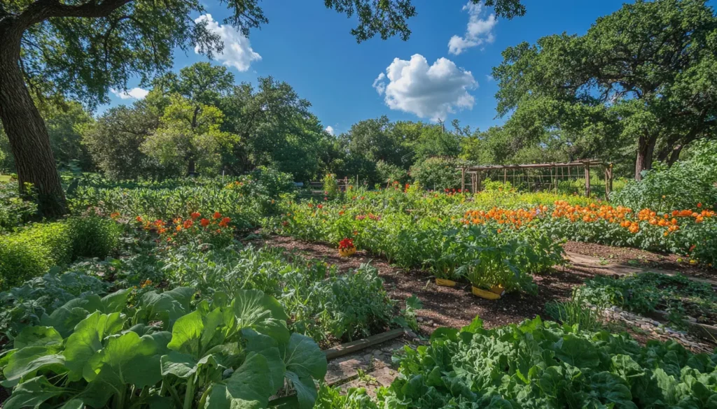 A colorful Texas garden in springtime, showcasing fresh vegetables and flowers growing in raised beds under a sunny sky. Perfect for spring planting.
