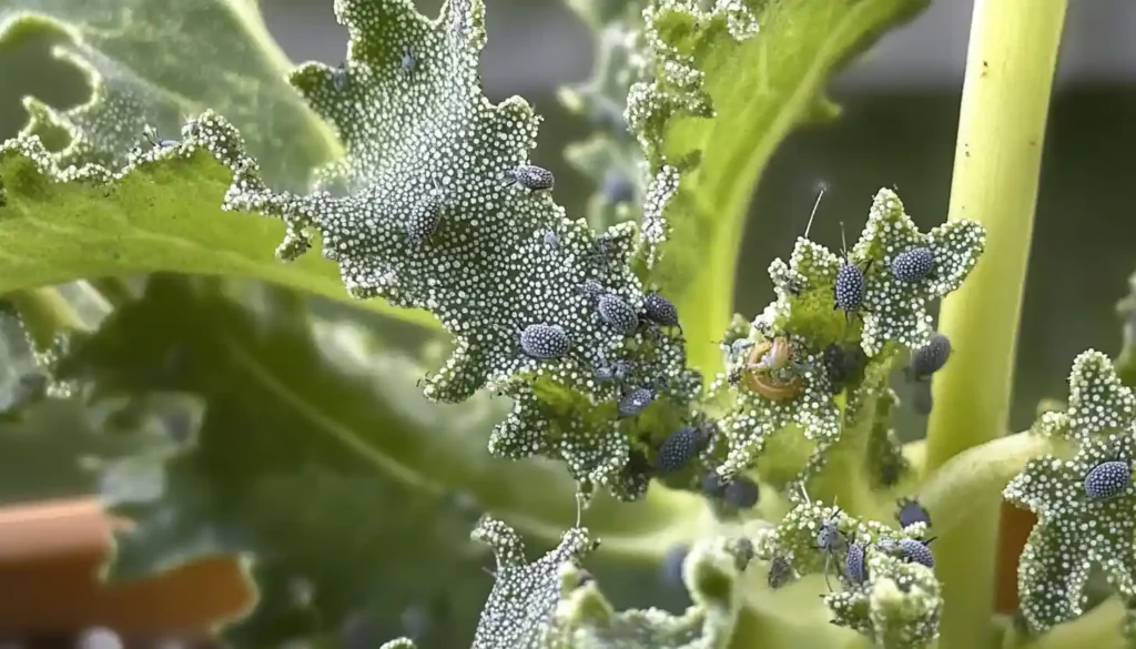 Aphids and slugs on a plant stem causing damage