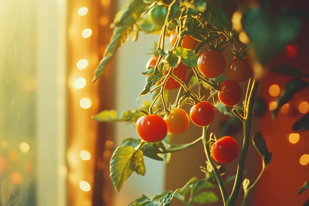 Indoor cherry tomatoes and peppers ripening on the vine, captured in golden hour light, showing vibrant and healthy growth.