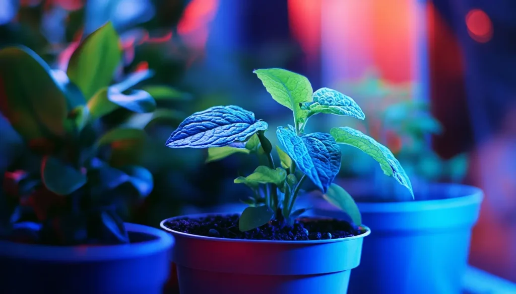 Close-up of potted plants absorbing blue and red LED light for photosynthesis in an indoor garden