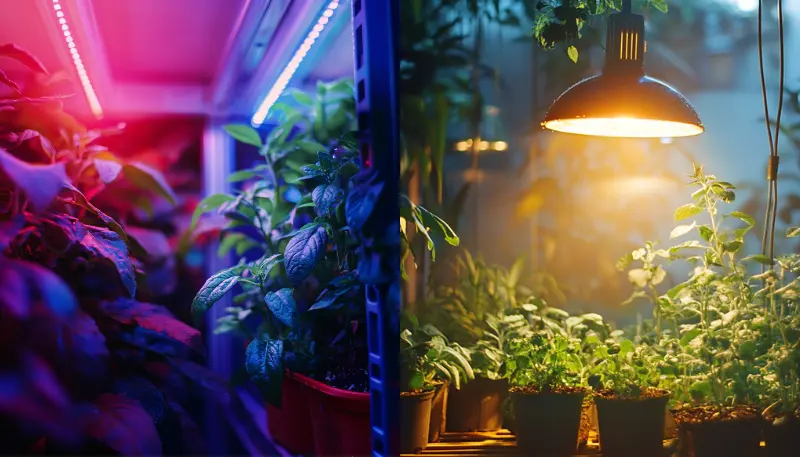 Comparison of regular LED lights versus specialized grow lights in an indoor garden with plants under different lighting conditions.