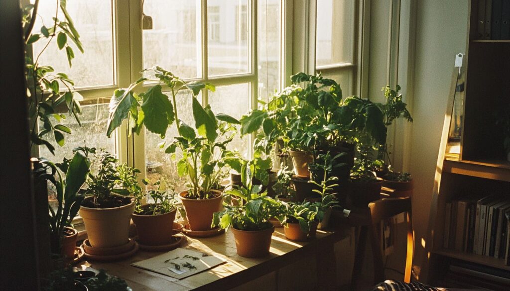 Cozy indoor winter garden with leafy greens and herbs growing in pots under soft natural light