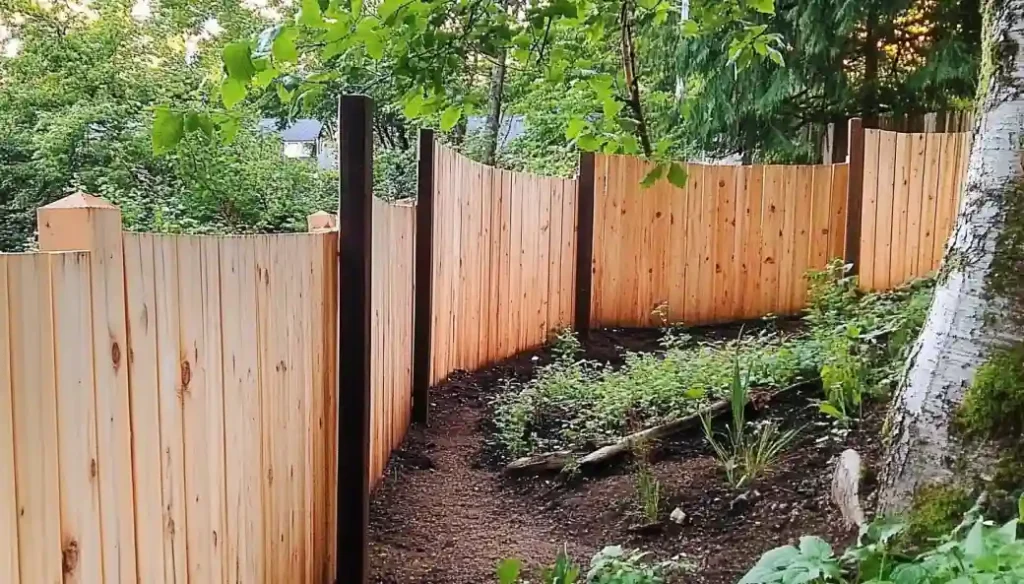 Eco-friendly wooden fence made from sustainable materials in a natural garden surrounded by trees.