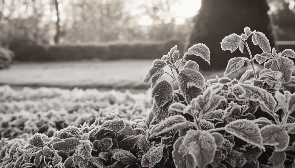 Frost  covering tender plants in a frosty autumn garden.