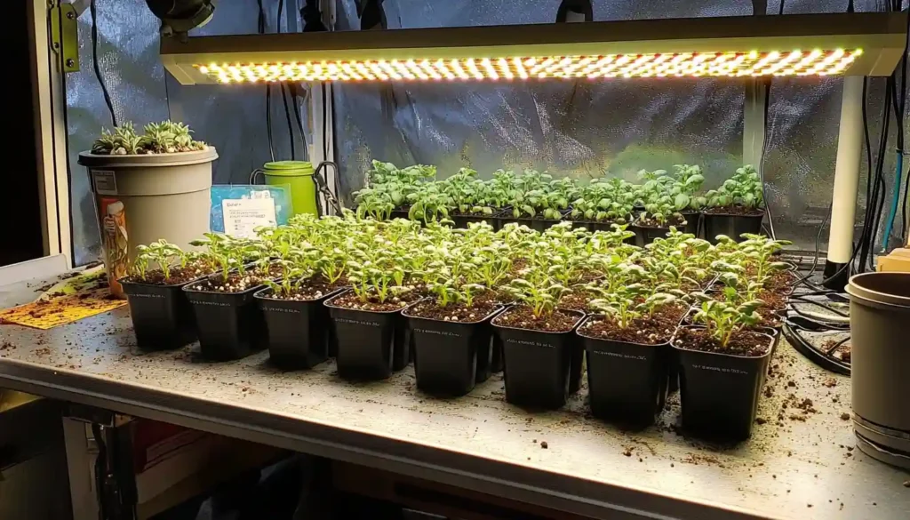 Full-spectrum LED grow lights illuminating healthy indoor plants in an indoor garden.