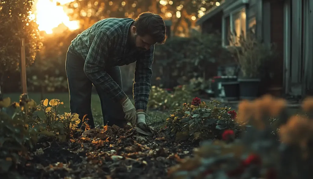 Gardener clearing dead leaves and debris from a flower bed.