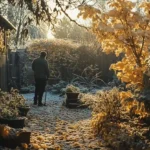 Gardener in a cozy autumn garden , surrounded by frost-tipped plants and fallen golden leaves