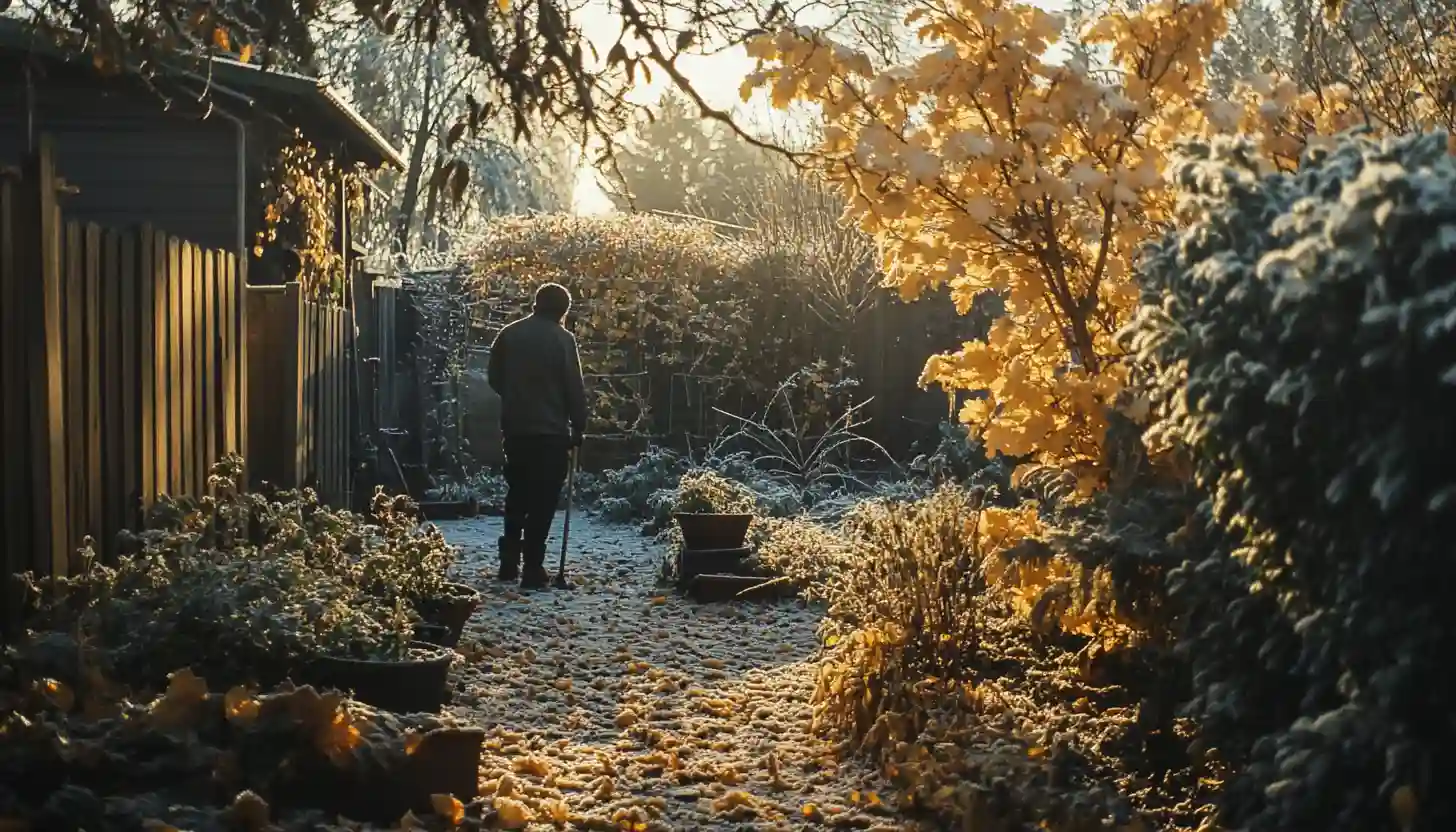 Gardener in a cozy autumn garden , surrounded by frost-tipped plants and fallen golden leaves