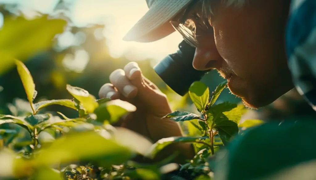 Gardener inspecting plants for pest activity.