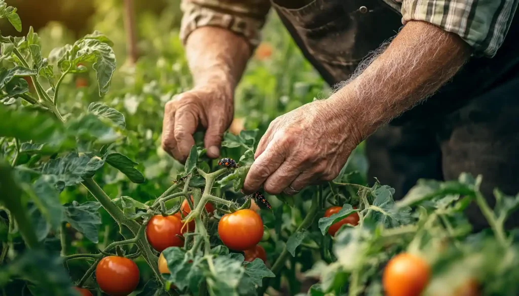 Gardener inspecting tomato plants for beetles and hornworms