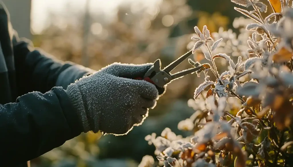 Gardener pruning frost-covered plants in an autumn garden using sharp pruners.