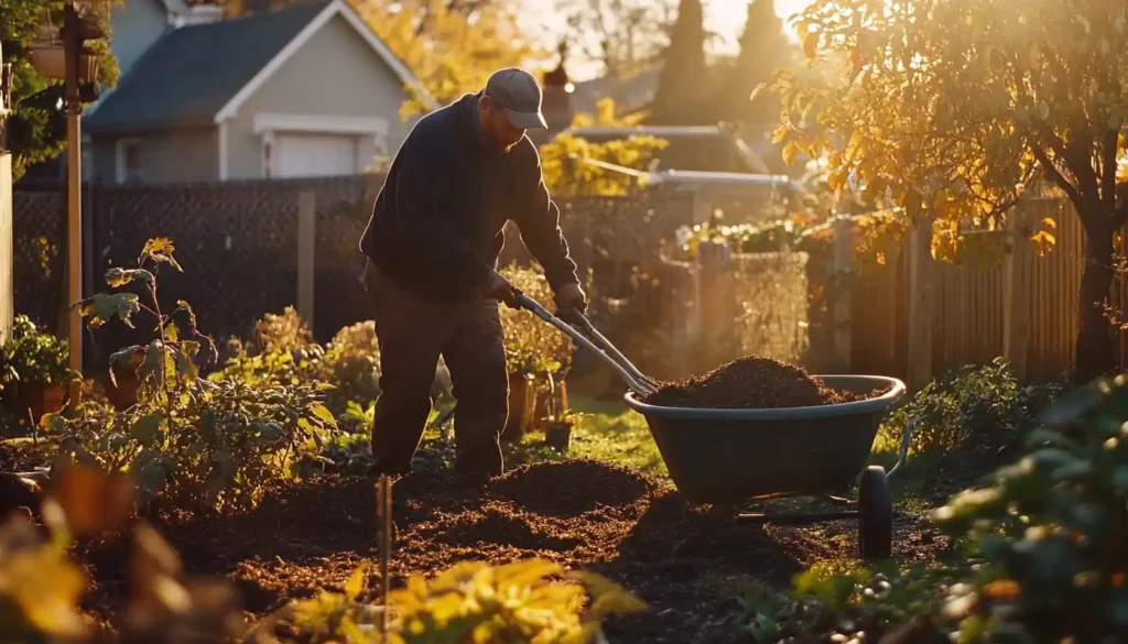 Gardener spreading mulch in a fall garden with a mulching fork and wheelbarrow.