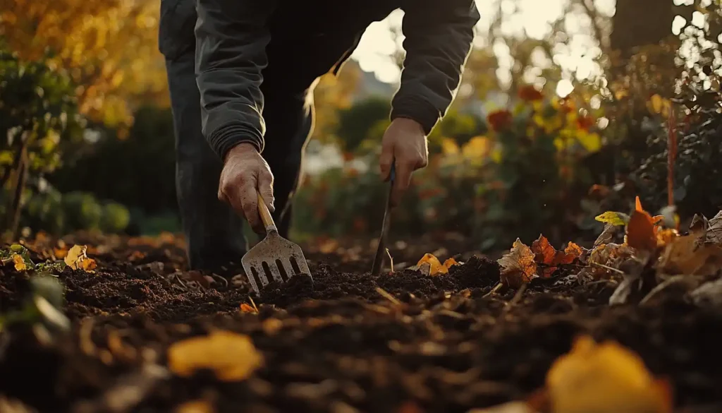 Gardener turning over soil in a fall garden using a spade and garden fork.