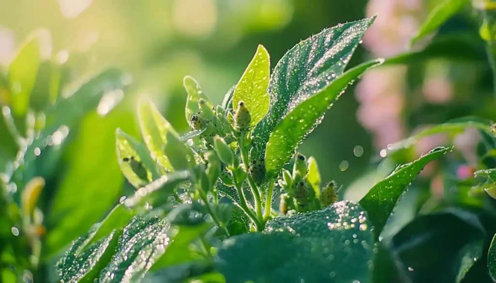 Healthy garden plants with visible aphids and caterpillars