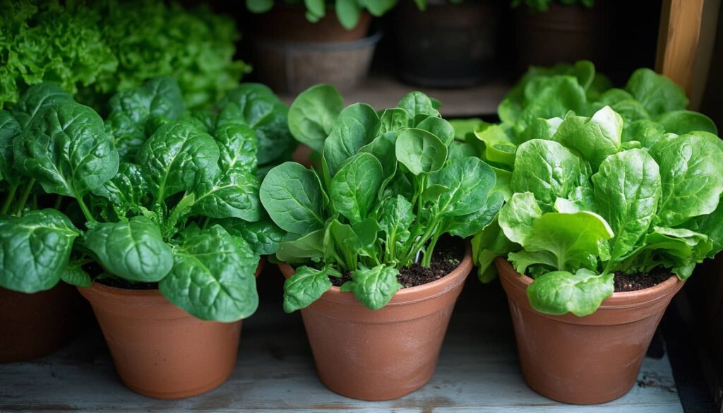 Fresh leafy greens like spinach, lettuce, and kale growing indoors in pots, captured in natural afternoon light.