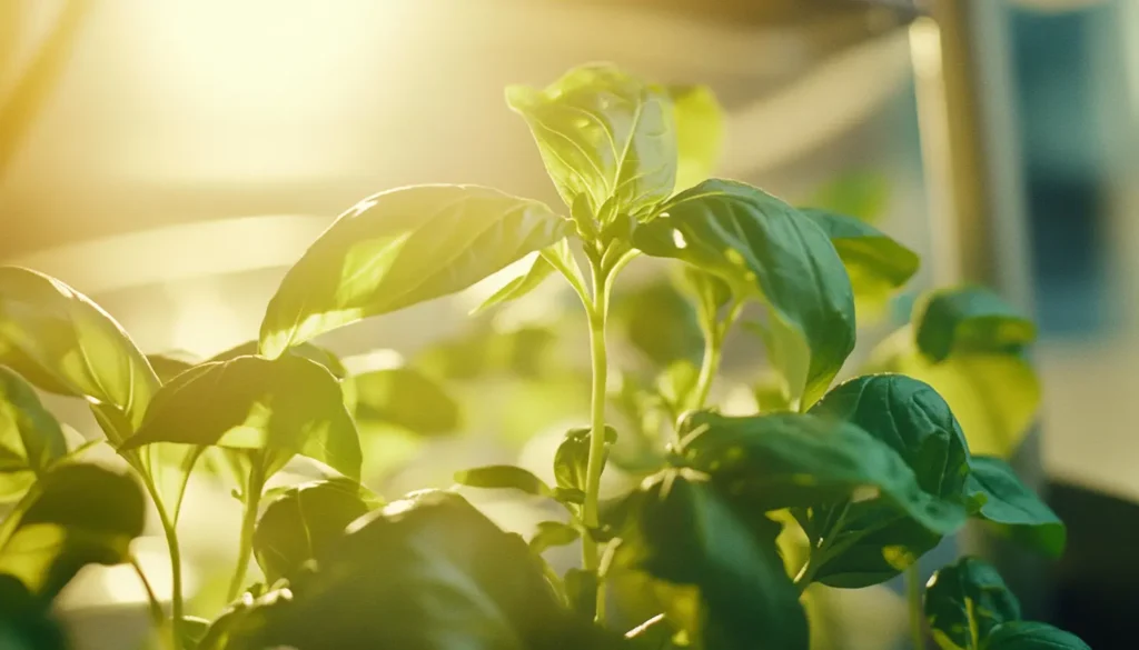 Indoor basil plant growing weakly under a regular household LED light, showing the impact of incorrect lighting.
