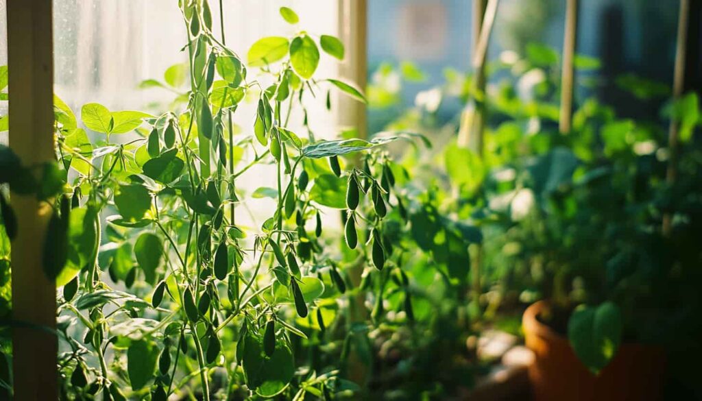 Lush green vines of peas and beans growing indoors on small trellises, bathed in morning light.
