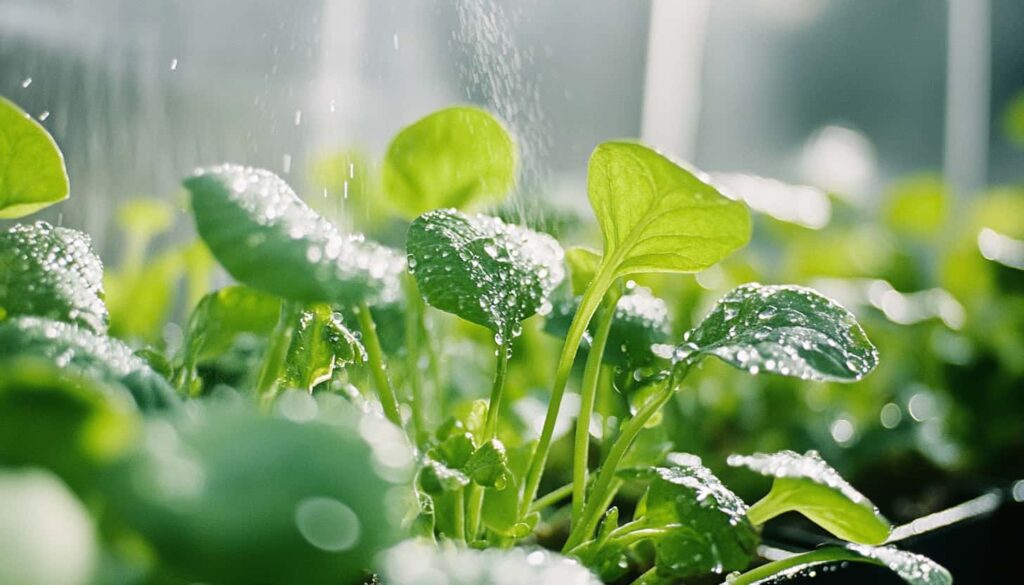 Close-up of water droplets on leafy plants in an indoor vegetable garden, showing careful watering practices.