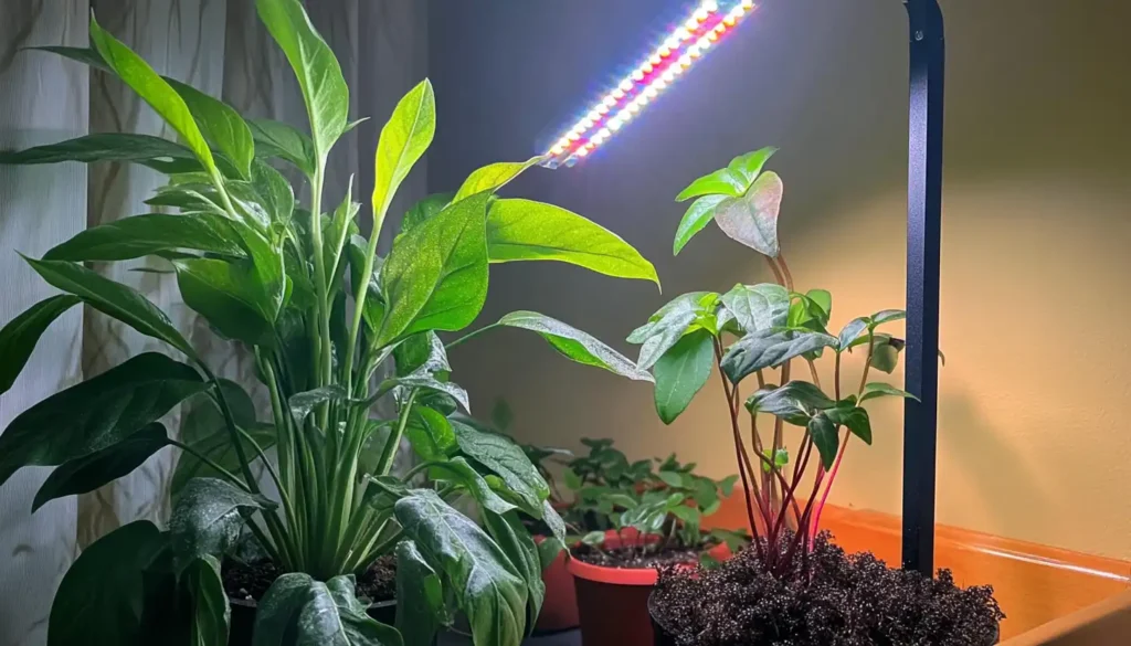 Indoor plants thriving under high-intensity LED grow lights in an evening setup, close-up of healthy leaves.
