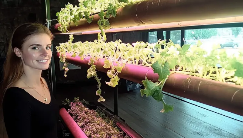 Woman near vertical farm with pink LED grow lights, smiling.