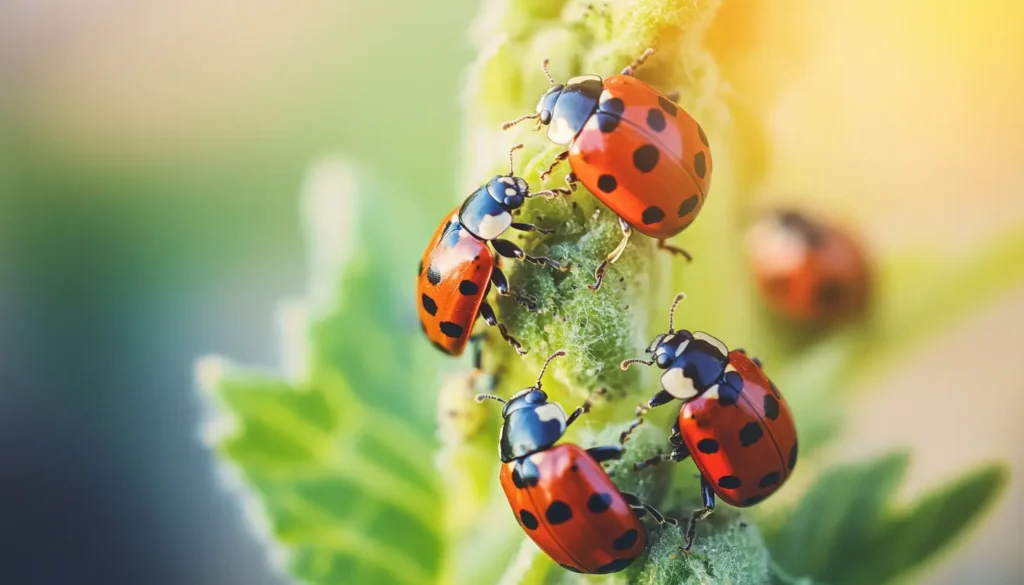 Ladybugs eating aphids on a plant leaf