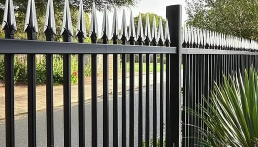 Metal security fence with decorative spikes and open wrought iron design in a suburban yard.