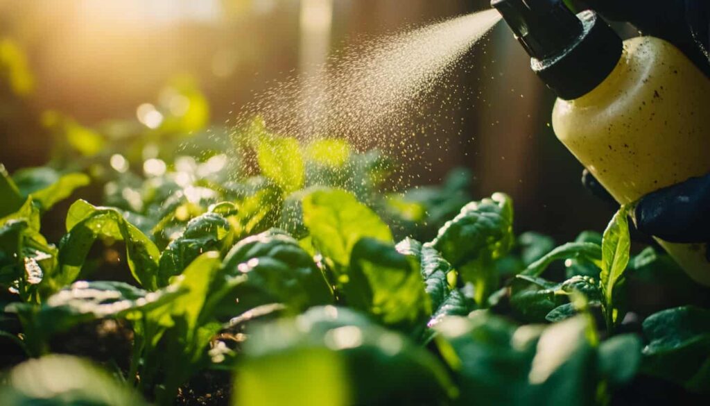 Close-up of a natural pest control spray being applied to healthy vegetable leaves in an indoor garden.