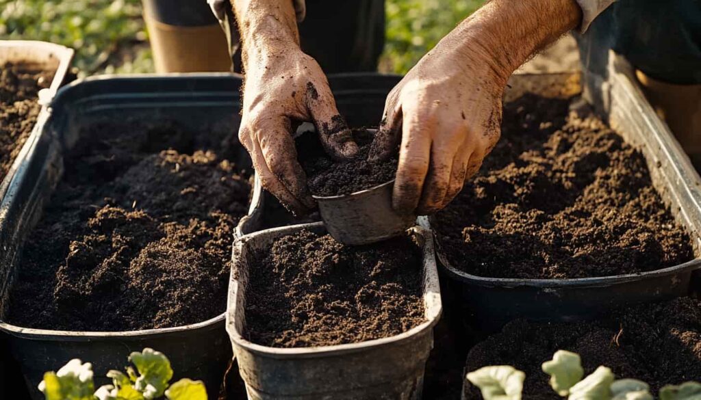 Gardener mixing rich, healthy soil in pots, using organic fertilizers for indoor winter gardening success.