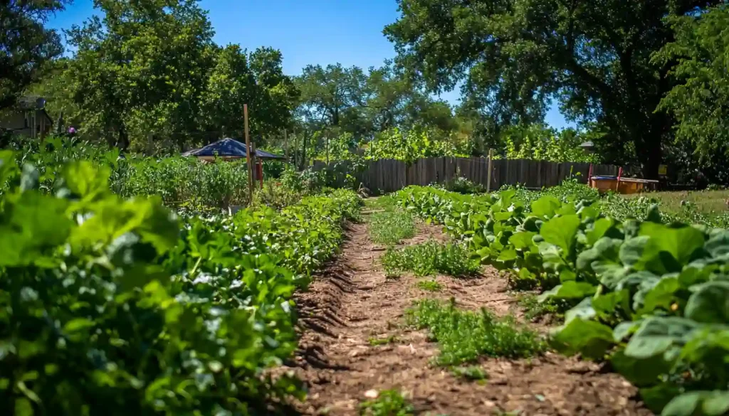 Heat-tolerant crops like okra and sweet potatoes growing in a Texas garden under the intense summer sun, ideal for summer planting.