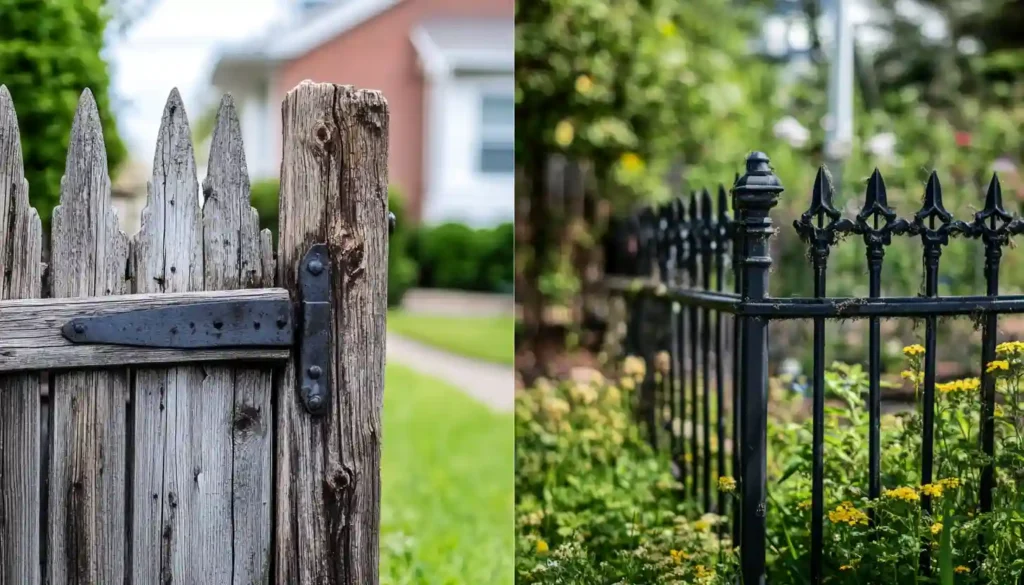 Side-by-side comparison of a rustic wood fence and a sleek metal fence in a garden.
