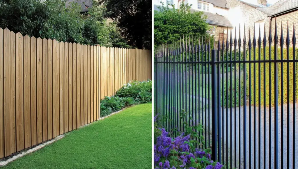 Side-by-side comparison of a wooden privacy fence and a metal security fence with spikes in a suburban garden.