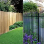 Side-by-side comparison of a wooden privacy fence and a metal security fence with spikes in a suburban garden.