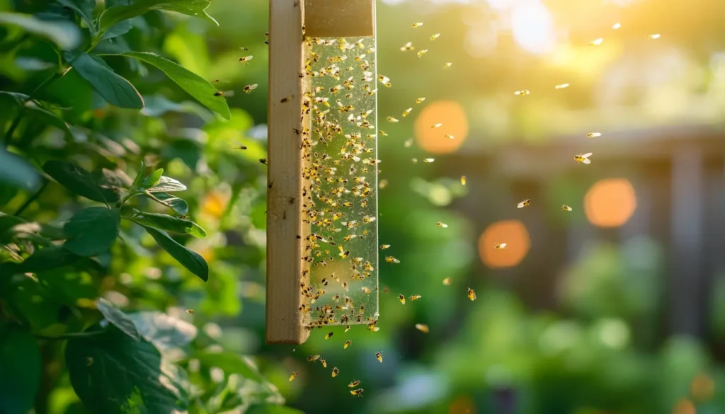 Sticky trap filled with whiteflies and thrips in a garden.