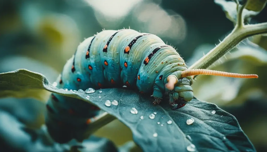 Tomato hornworm chewing on a plant leaf