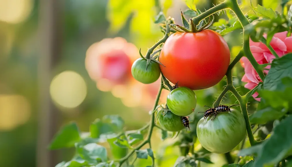 Tomato plants with hornworms and roses with Japanese beetles.