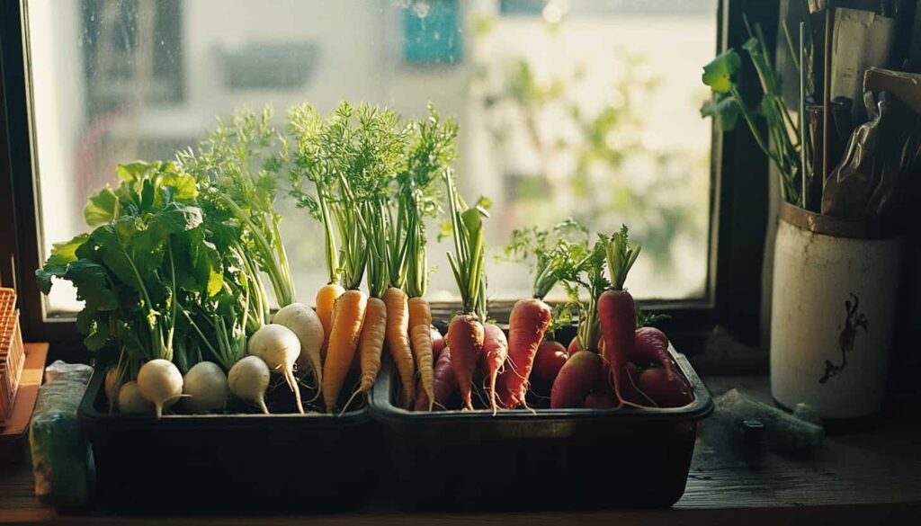 Harvesting root vegetables such as carrots and radishes from deep containers in an indoor garden during winter.