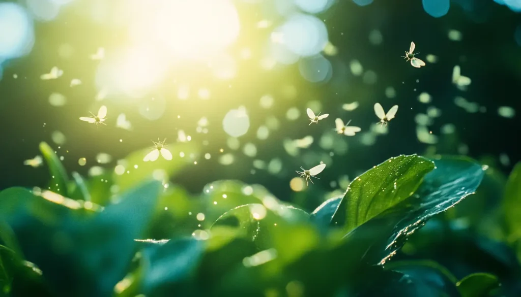 Whiteflies and moths hovering around garden plants