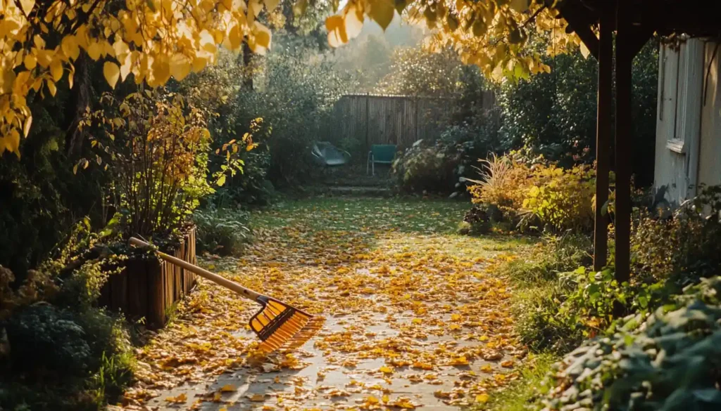 Wide leaf rake in an autumn garden with scattered golden leaves.