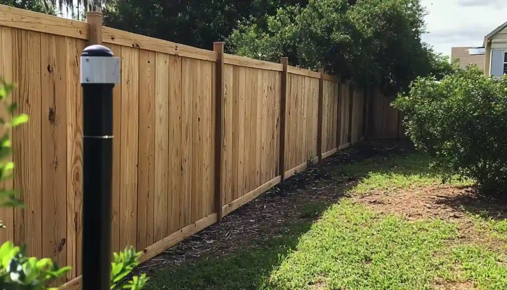 Wooden privacy fence in a green garden with tall cedar wood panels.