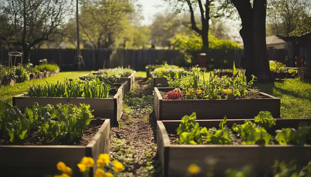 A vibrant Texas garden with healthy vegetables and blooming flowers in raised beds under a sunny sky