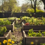 A vibrant Texas garden with healthy vegetables and blooming flowers in raised beds under a sunny sky